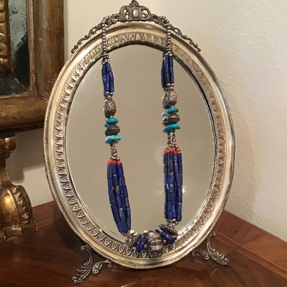 Lapislazuli Turquoise Silver Red Coral Necklace